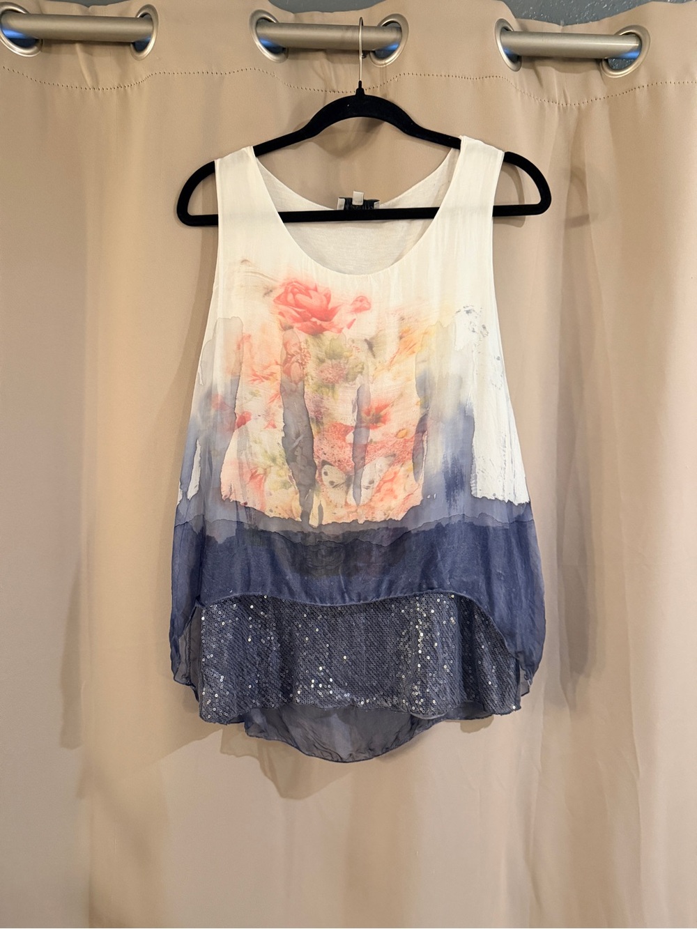 Women's Belle France Floral Print Layered Tank Top - White & Blue
